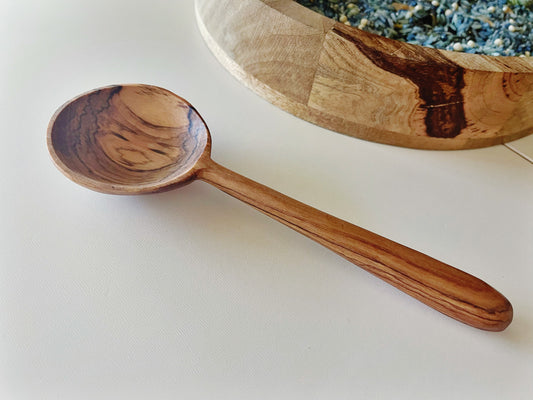 Full moon long handle olive wood scooping spoon sensory tool