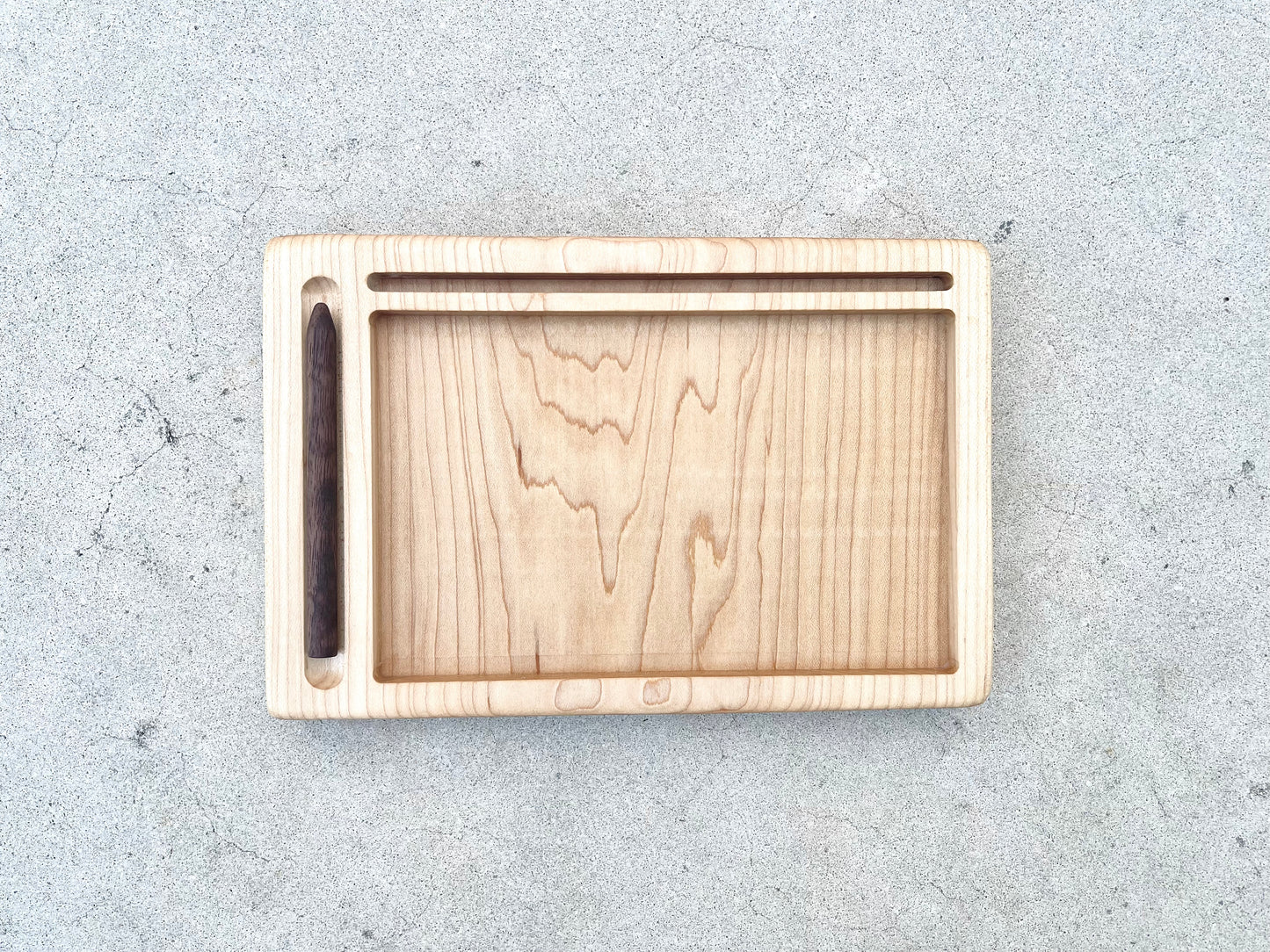 Salt or sand maple wood writing tray with walnut wood stylus