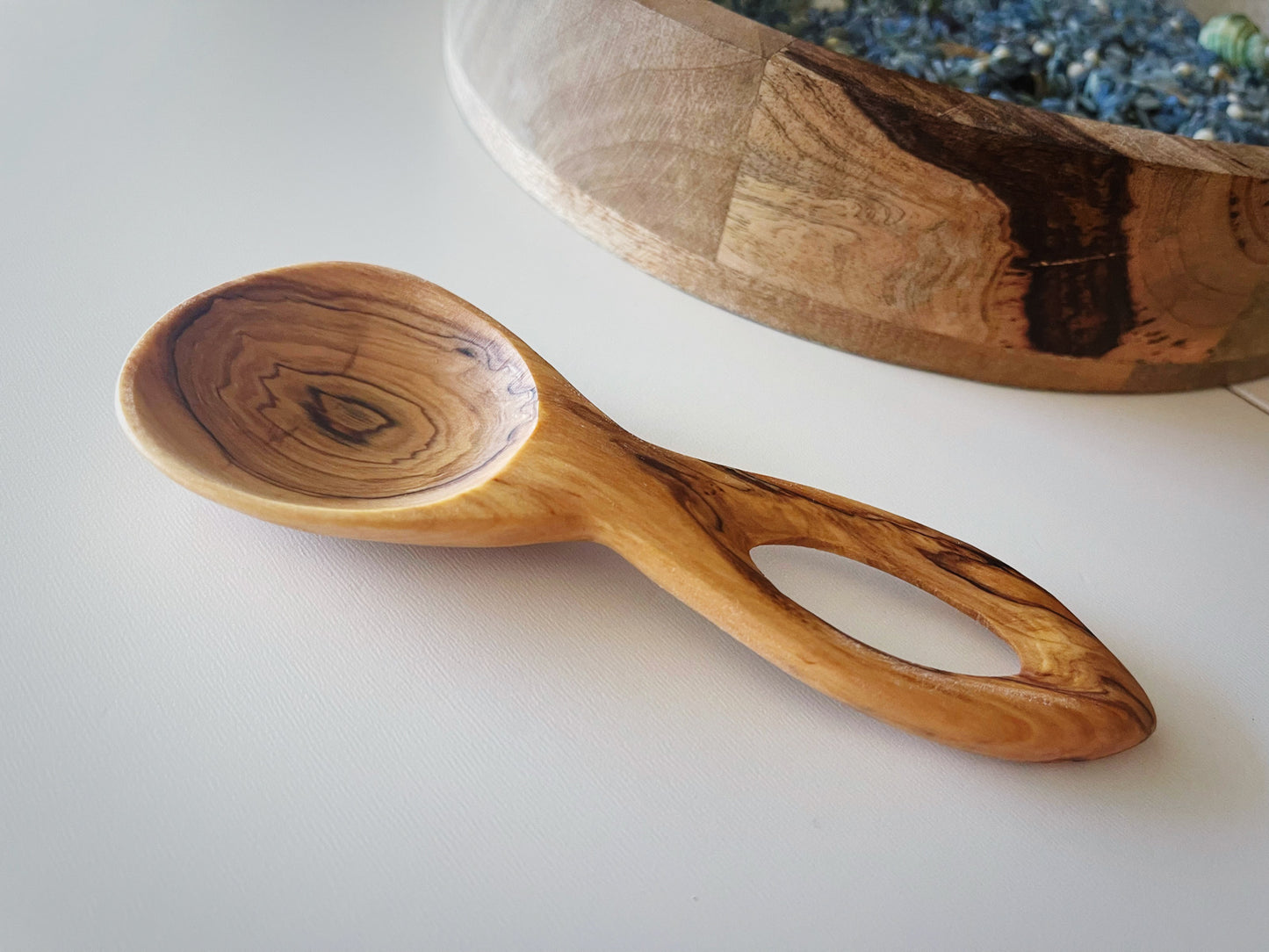 Petite eyelet olive wood scooping spoon sensory tool