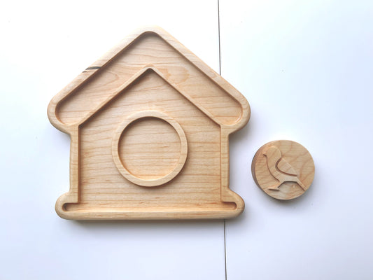 Birdhouse sensory tray with bird stamper