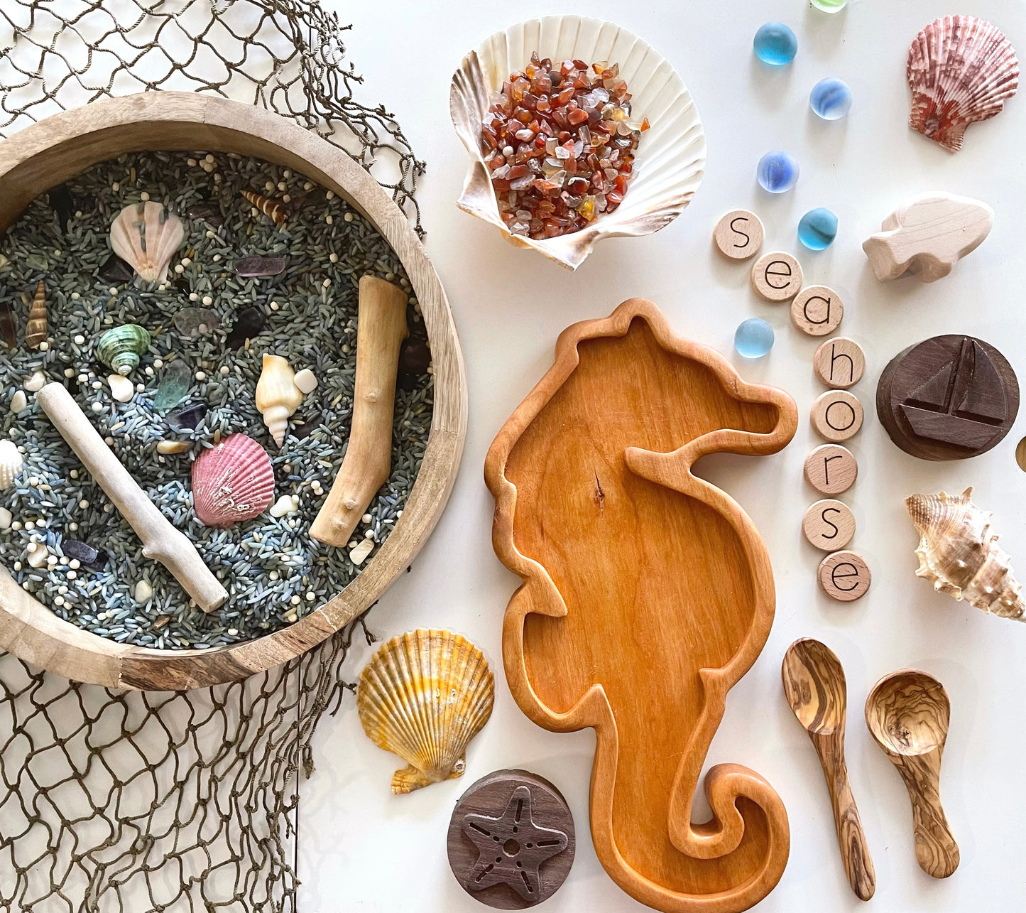 SEAHORSE cherry wood ocean sensory play tray