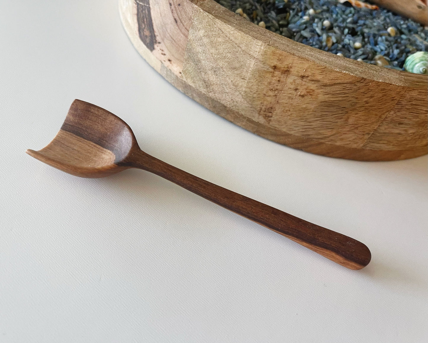 Petite olive wood scooping shovel sensory tool