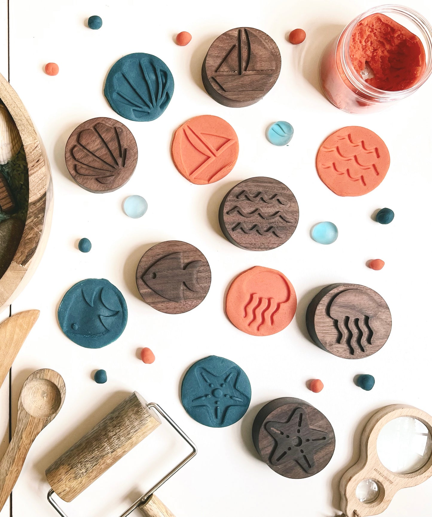 COASTAL walnut wood playdough Stamp Set