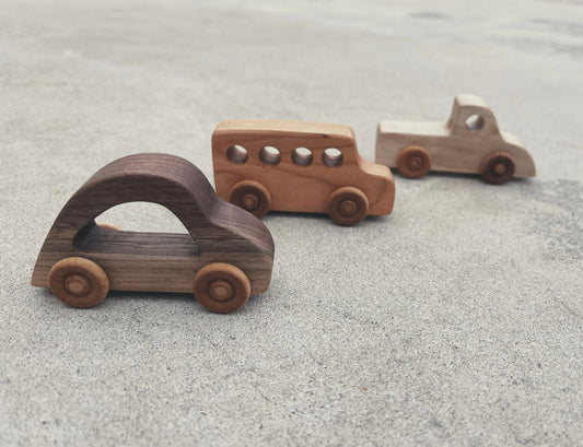 Handcrafted wooden Mini rolling CAR TRUCK & BUS toy set