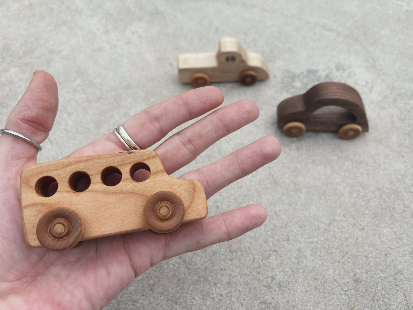 Handcrafted wooden Mini rolling CAR TRUCK & BUS toy set